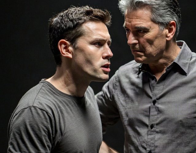 Two actors rehearsing a scene together.